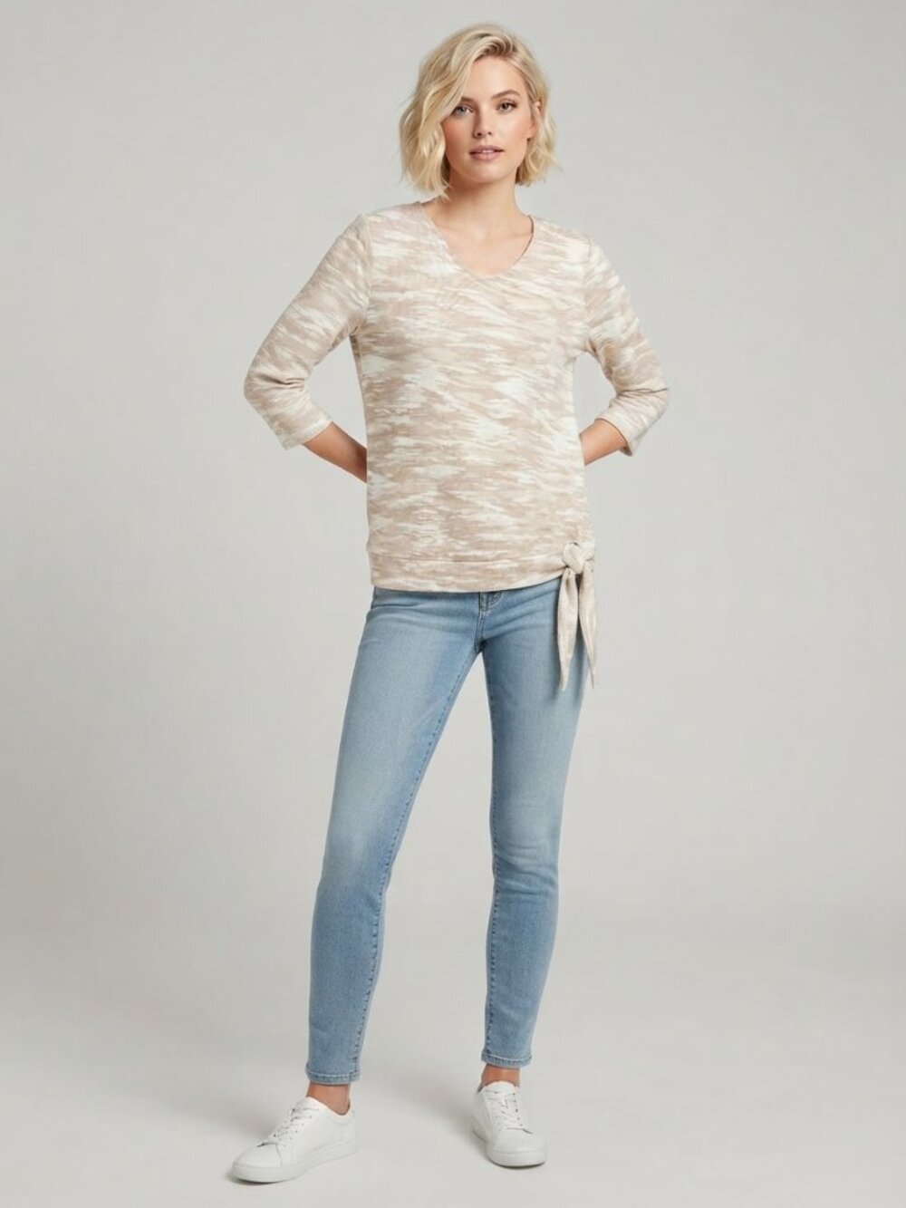 2/$30 Chico's Camo Side-Tie Hem 3/4 Sleeve Tee Beige 8 #A4629